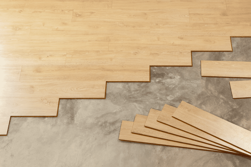 Réguas de piso laminado sendo instaladas sobre contrapiso de concreto em obra comercial