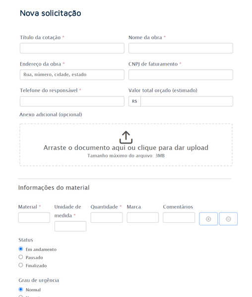 Nova solicitação plataforma de cotação de materiais de construção civil Zinz