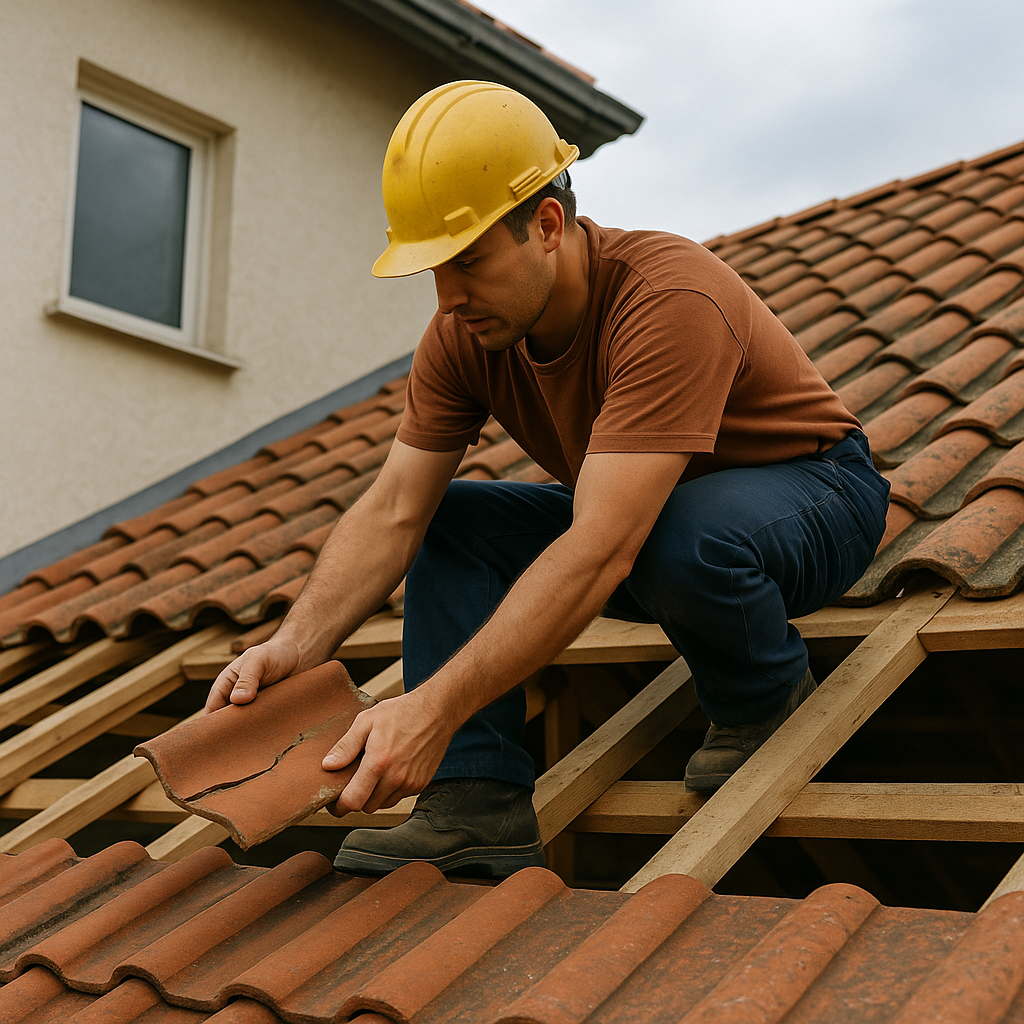 Trabalhador com capacete amarelo substituindo uma telha cerâmica quebrada em um telhado durante uma reforma.