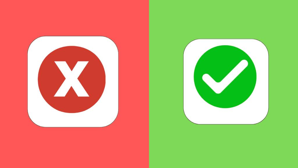 Ícones de “X” vermelho e check verde em fundo dividido ao meio