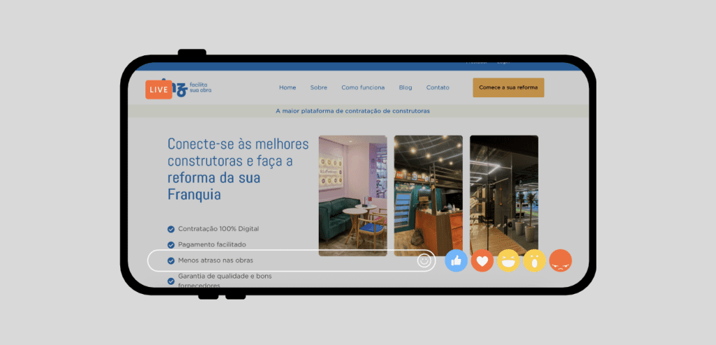 Tela de smartphone exibindo o site da Zinz com chamadas sobre reforma de franquias, mostrando obras realizadas e vantagens como contratação digital e menos atrasos