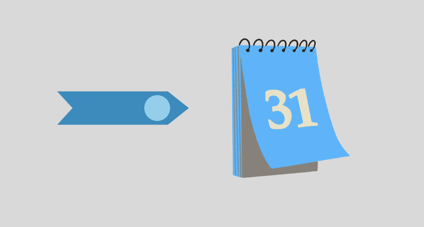 Ilustração com seta azul apontando para calendário com número 31, representando prazos em um cronograma de obra