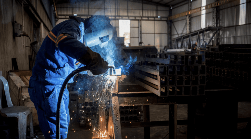 Trabalhador com uniforme azul fazendo solda em uma estrutura metálica dentro de galpão industrial