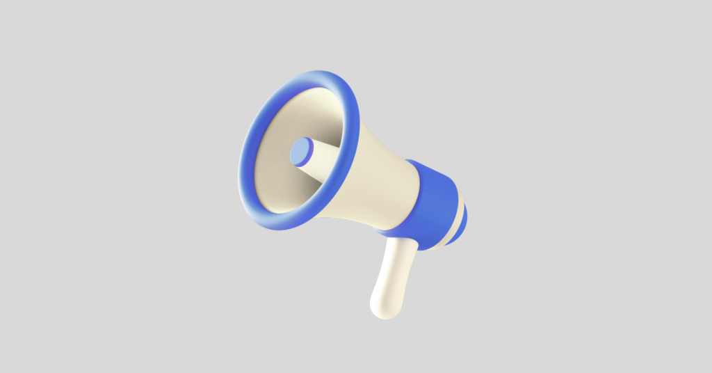 Ilustração de megafone azul e branco simbolizando comunicação eficaz em obras comerciais