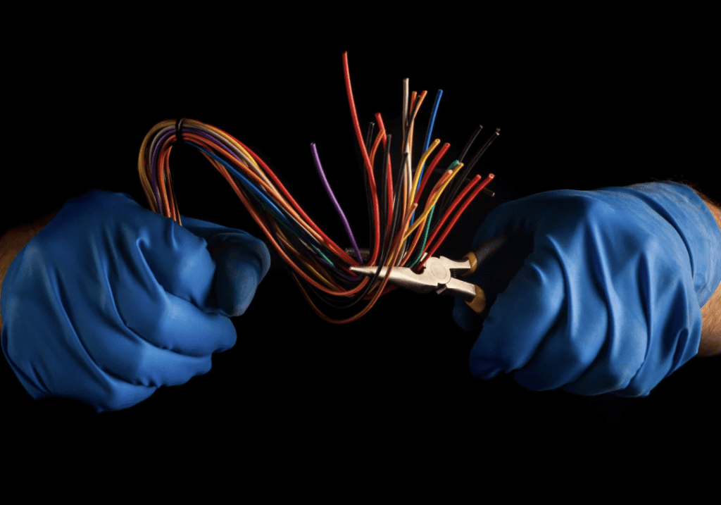 Mão com luvas azuis segurando fios elétricos coloridos expostos, ilustrando falhas na instalação elétrica em obra.