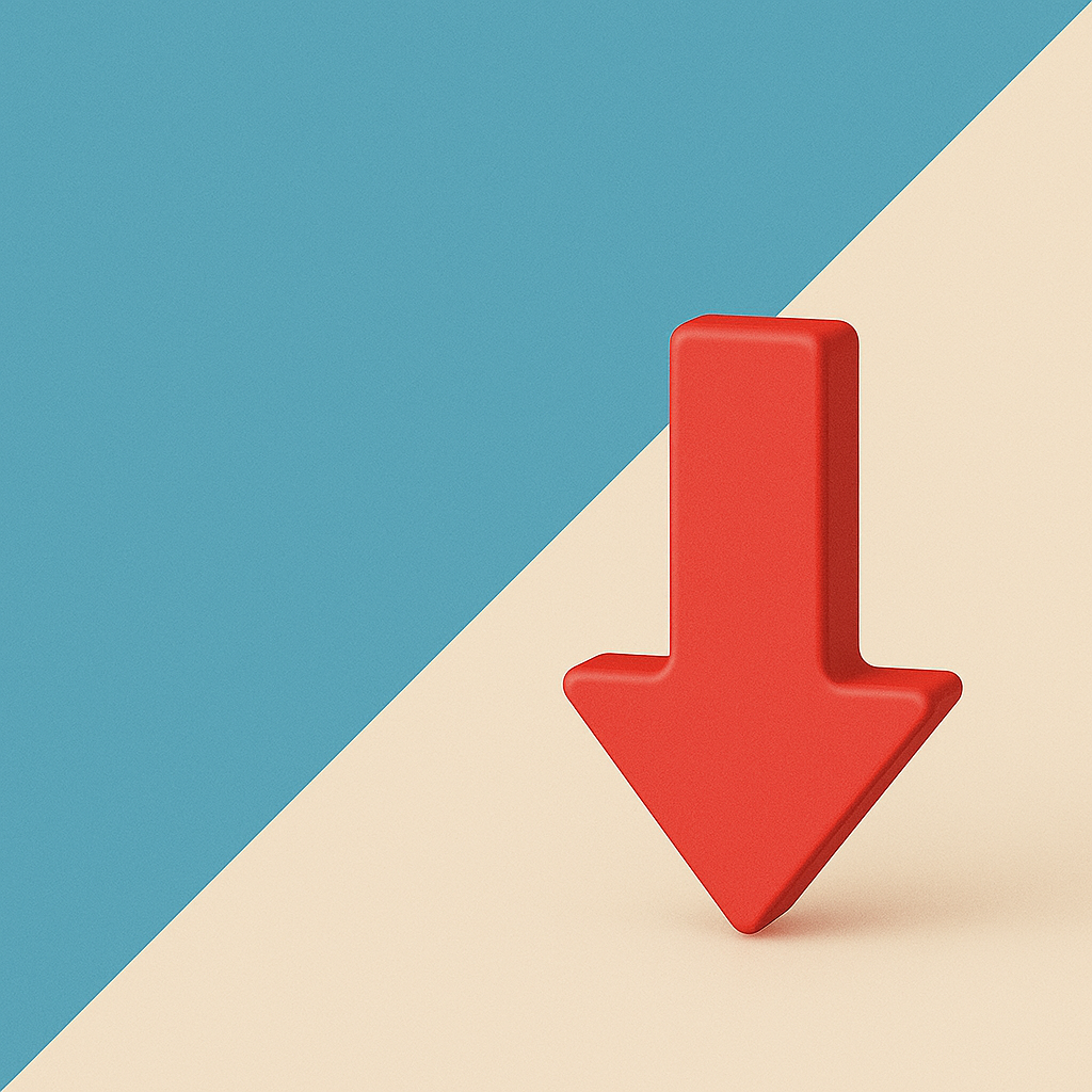 Seta vermelha apontando para baixo sobre fundo azul e bege, simbolizando erros que encarecem e atrasam a expansão de franquias.