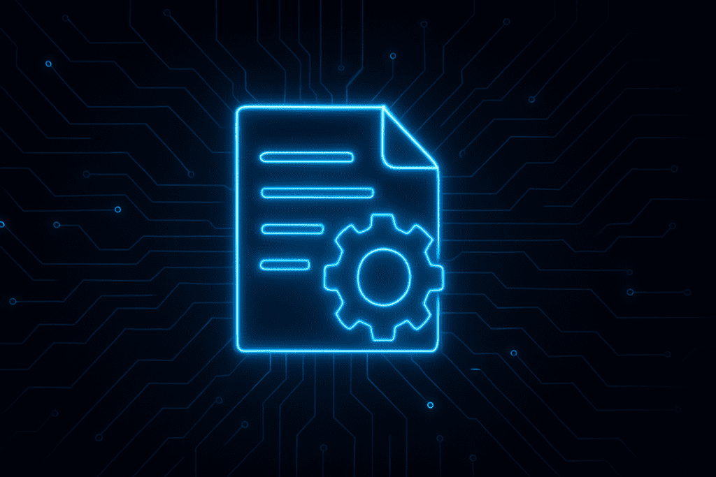Documento em neon azul com engrenagem sobre fundo tecnológico, representando a ART em obras de franquias e a digitalização da responsabilidade técnica.