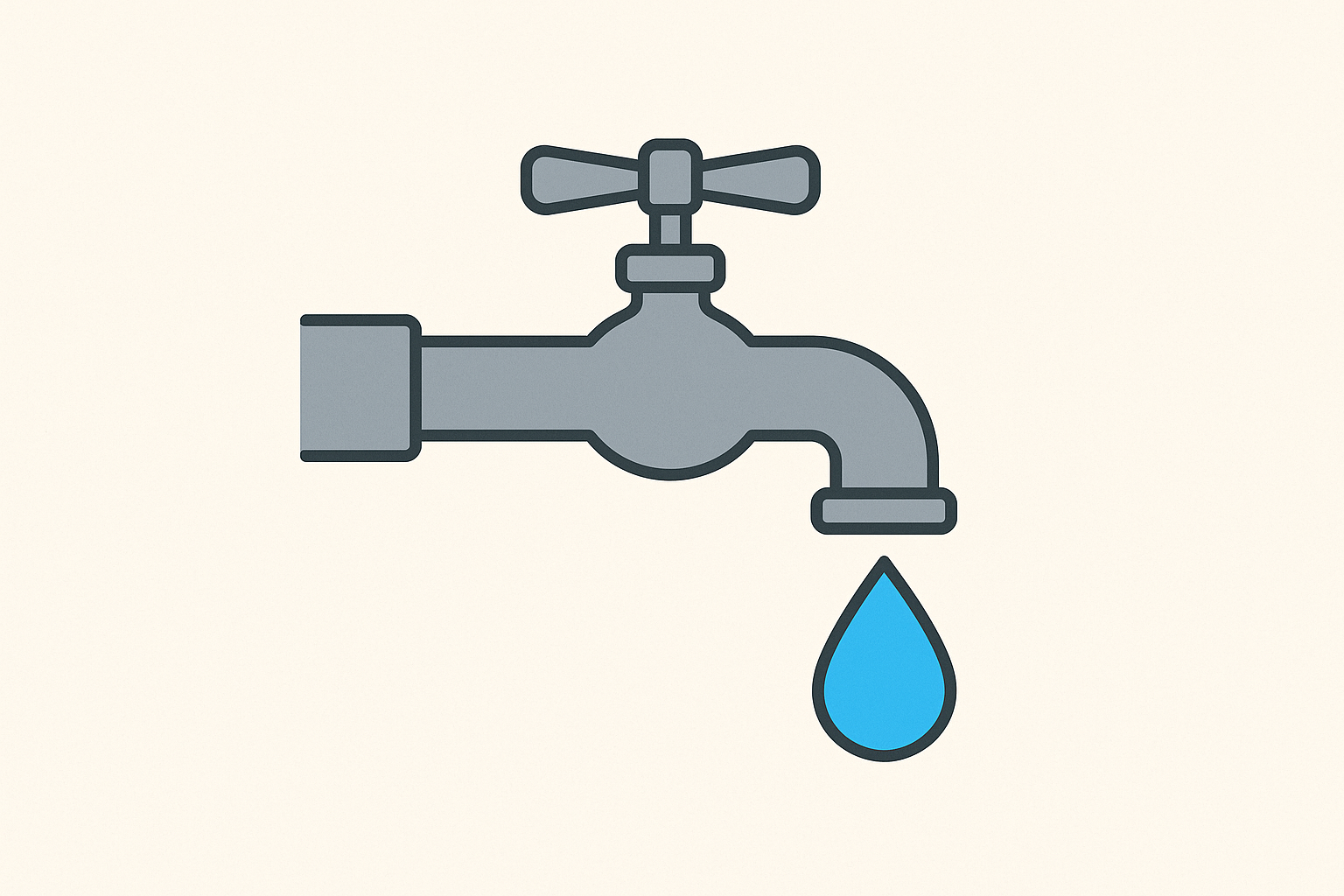 Torneira metálica cinza com gota azul em ilustração flat design minimalista.