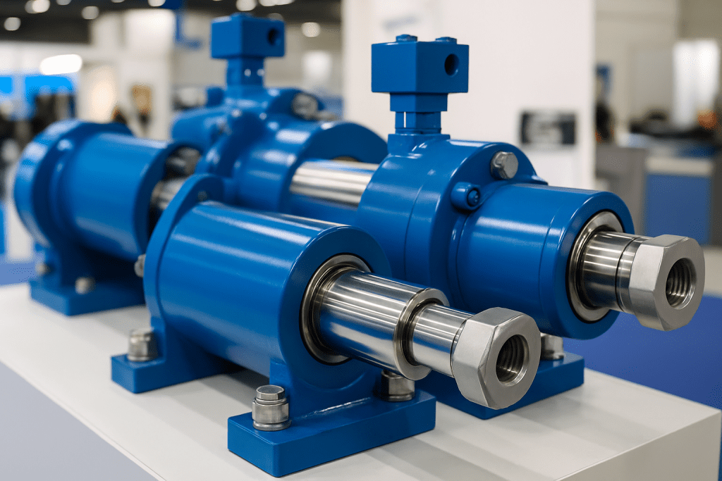 Cilindros hidráulicos azuis com detalhes metálicos expostos em feira industrial.