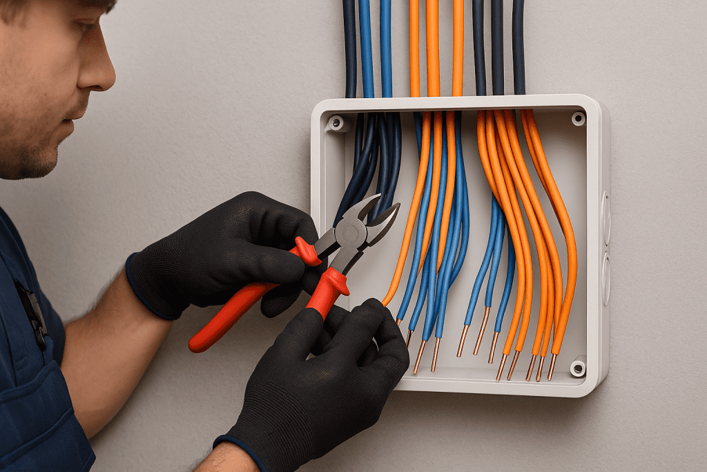 Eletricista com luvas pretas ajustando fios elétricos laranja e azuis em uma caixa de distribuição durante instalação em obra.