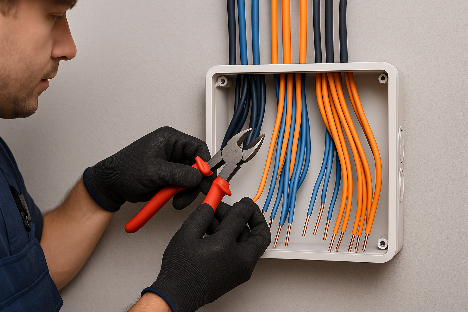 Eletricista com luvas pretas ajustando fios elétricos laranja e azuis em uma caixa de distribuição durante instalação em obra.