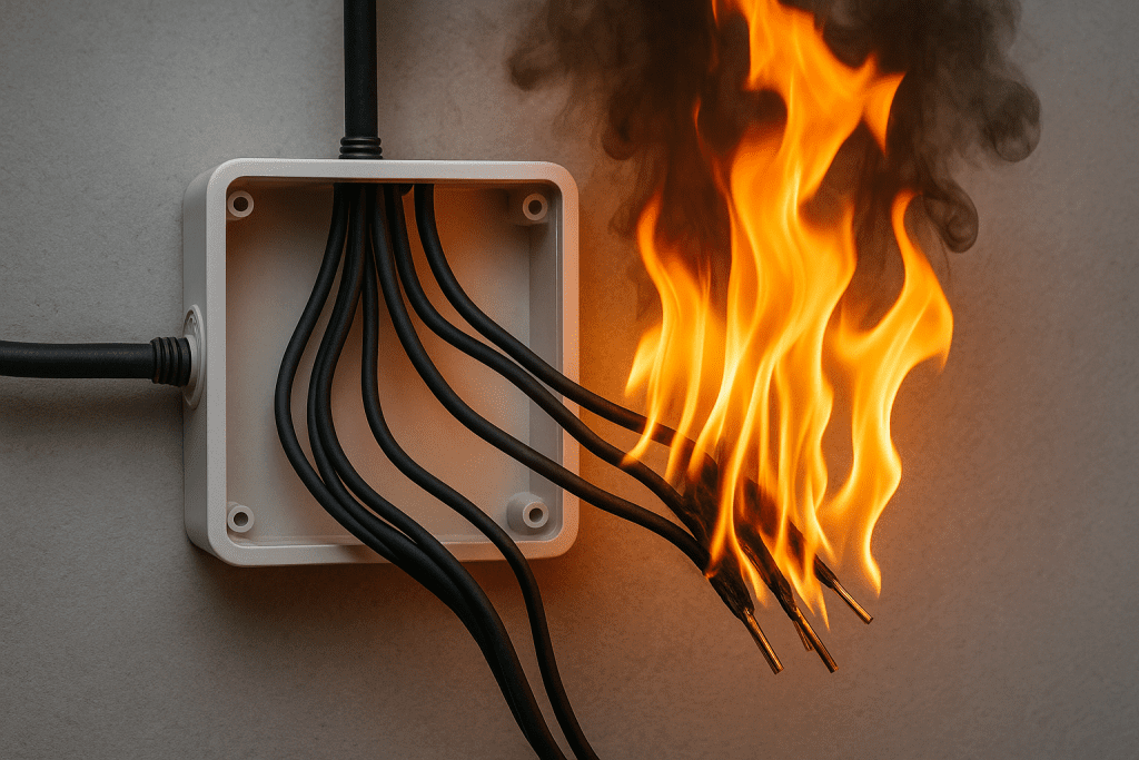 ios elétricos pretos pegando fogo dentro de uma caixa de distribuição, ilustrando curto-circuito causado por falha na instalação elétrica.