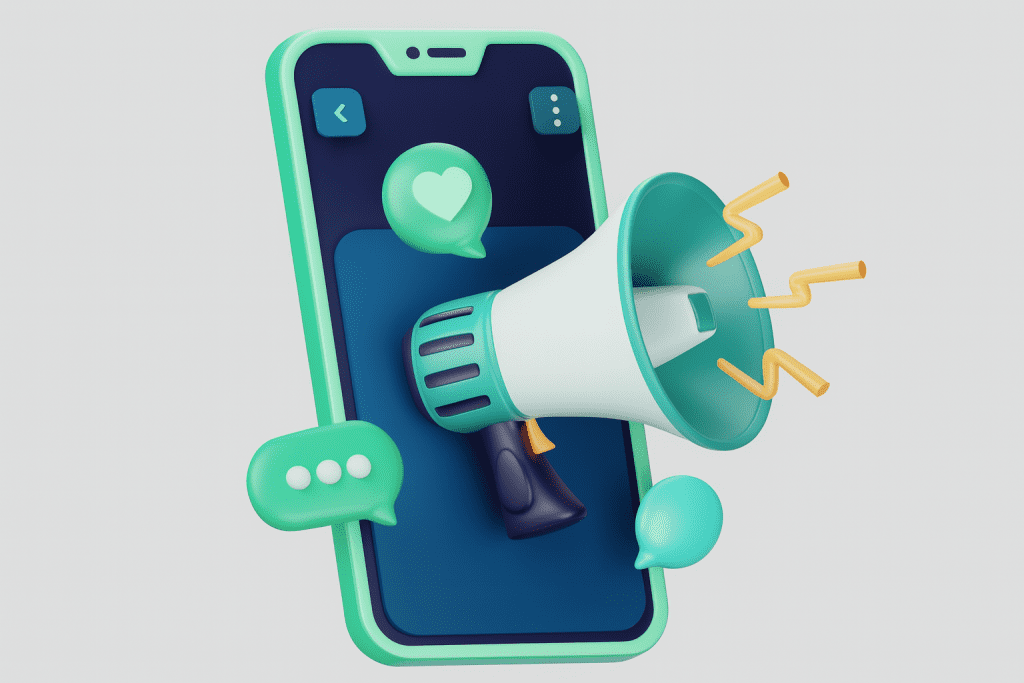 Ilustração 3D de um celular azul e verde com um megafone saindo da tela e ícones de coração e mensagens ao redor, representando comunicação e marketing digital.