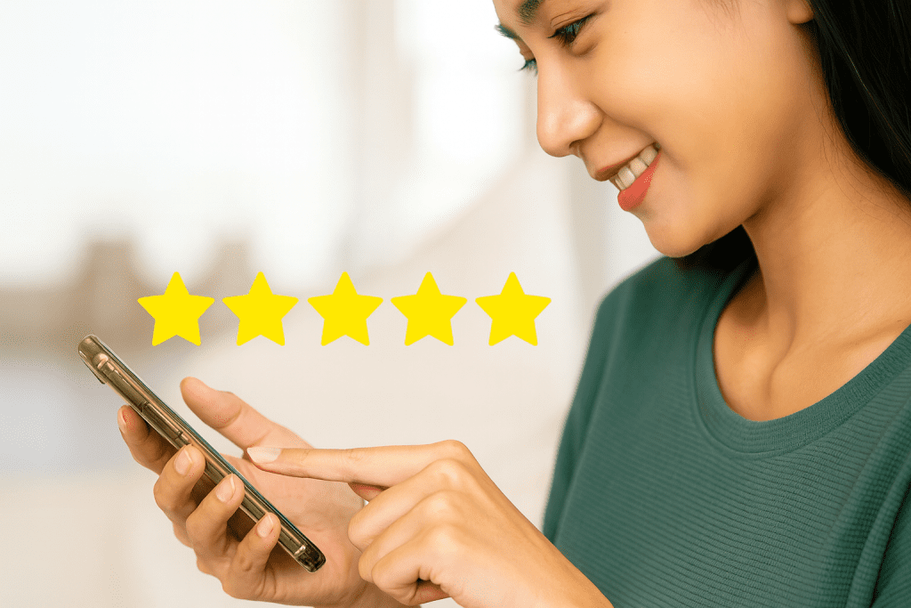 Mulher usando celular com avaliação de cinco estrelas, representando uma experiência positiva do cliente em loja.