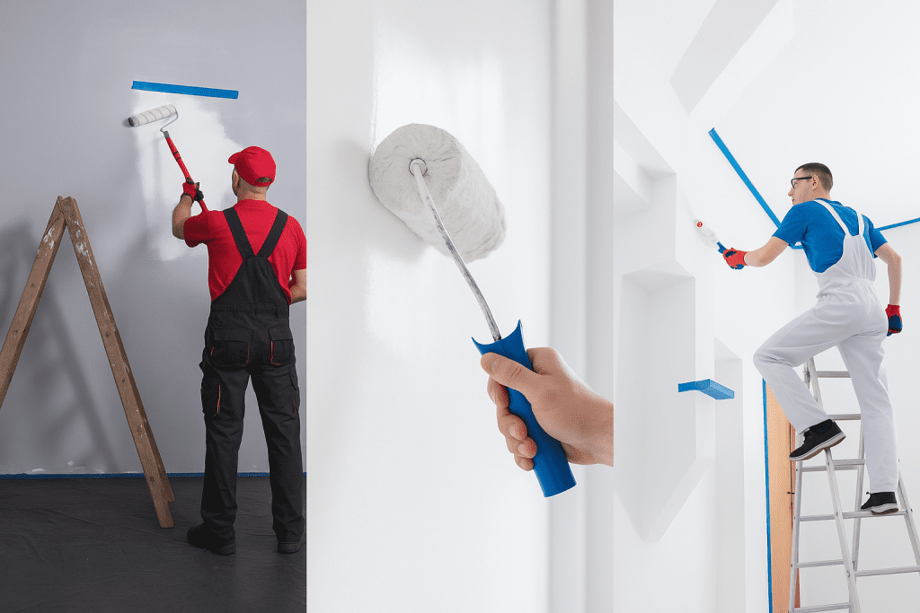 Pintor aplicando tinta branca em teto de obra comercial usando rolo com extensão.