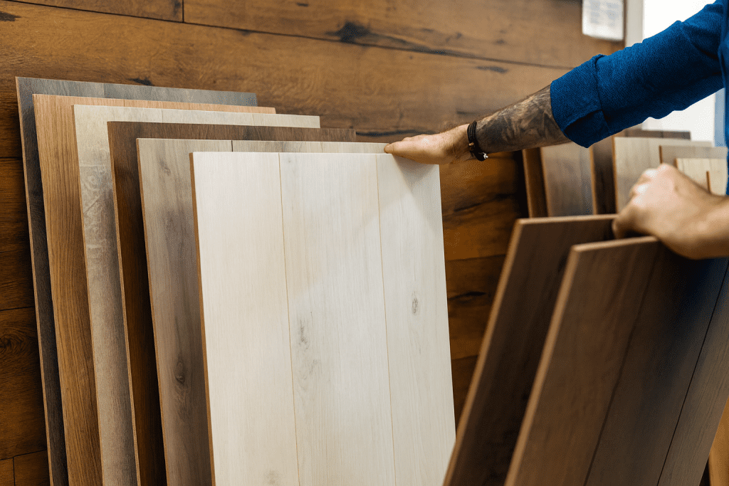 Pessoa escolhendo amostras de piso em loja de materiais de construção, com placas em tons claros e escuros de madeira.