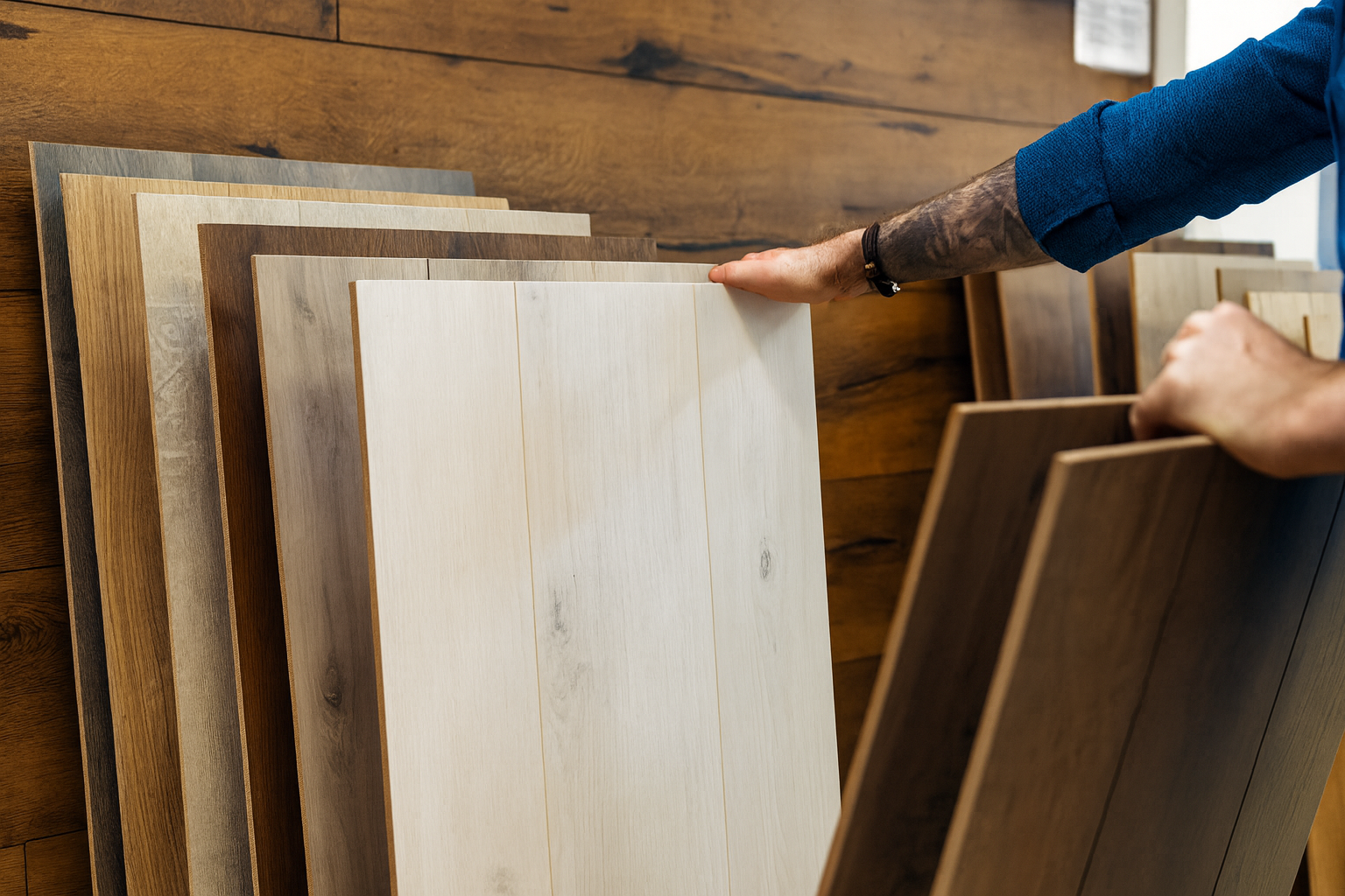 Pessoa escolhendo amostras de piso em loja de materiais de construção, com placas em tons claros e escuros de madeira.