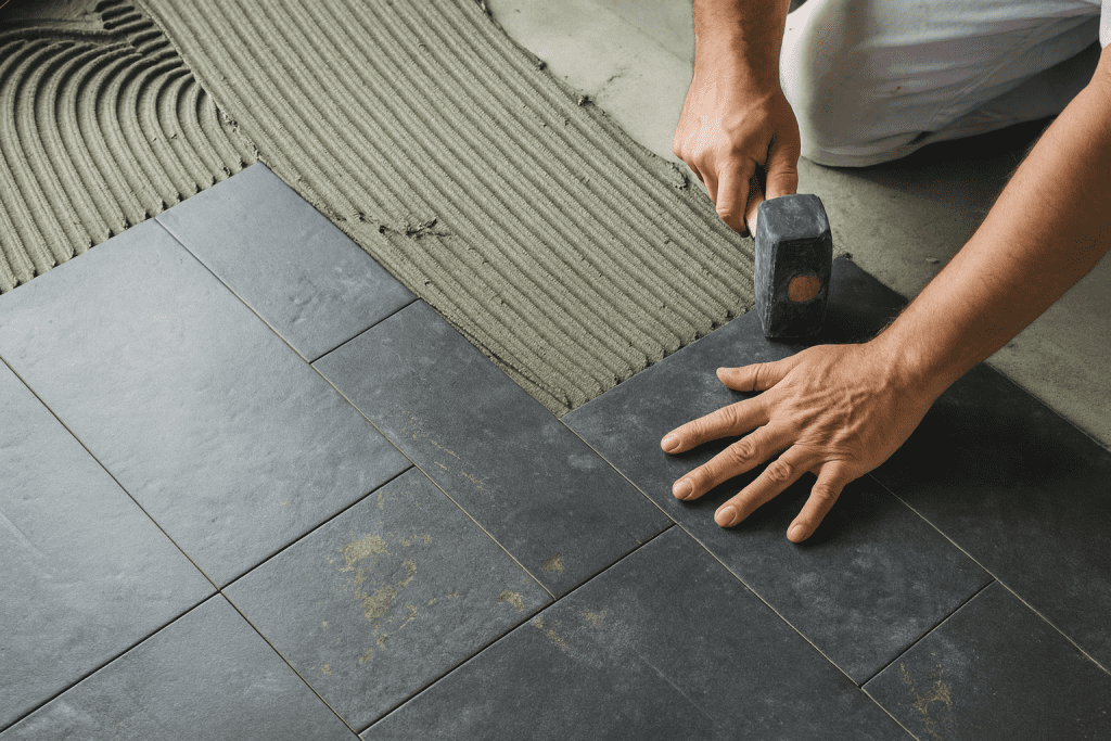 Trabalhador assentando piso cerâmico escuro em área externa, utilizando martelo de borracha sobre argamassa fresca.