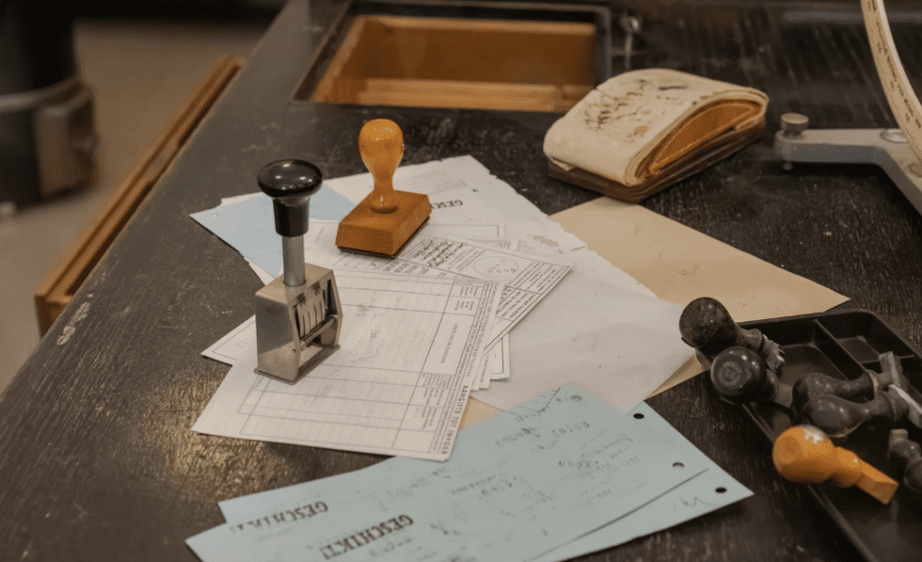 Mesa com documentos, carimbos e papéis de autorização, ilustrando o processo de licenças e alvarás para obras comerciais.