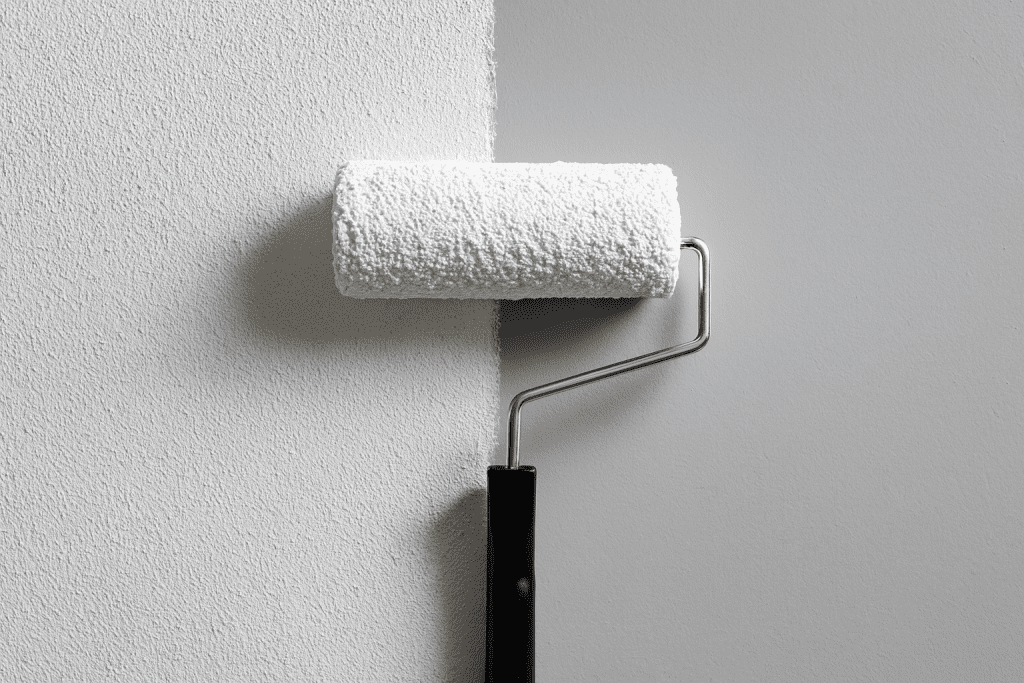 Rolo de pintura passando tinta branca em parede com acabamento uniforme, representando a execução profissional da pintura comercial.