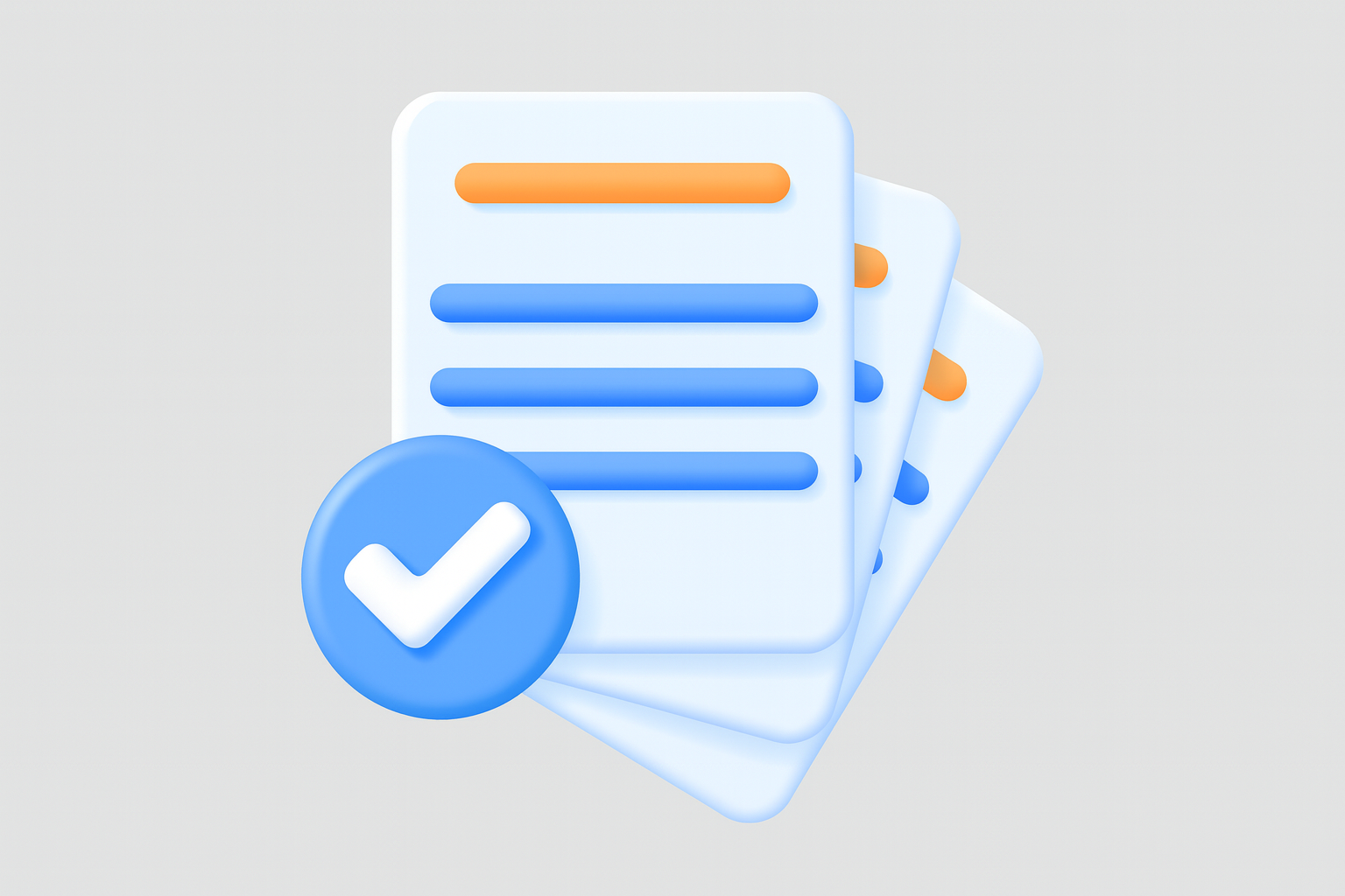 Ícones 3D de folhas de documentos com símbolo azul de verificação, representando checklist de documentação de obra comercial.