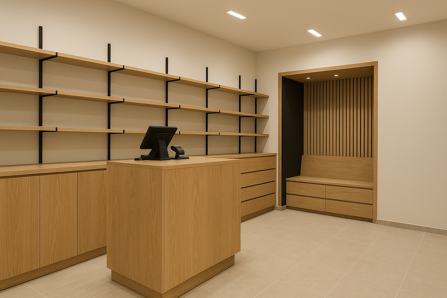 Espaço comercial com balcão e prateleiras de madeira clara, projeto de marcenaria sob medida.