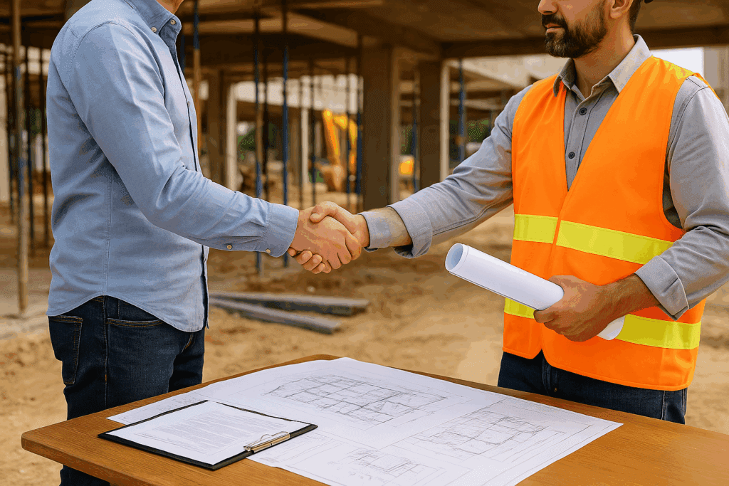 Superfície com plantas técnicas e documentos de obra que simbolizam planejamento, contratos e negociação em obras comerciais.