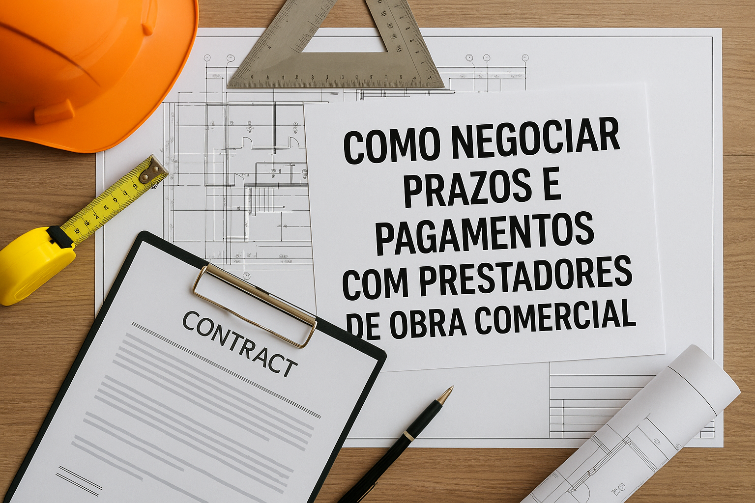 Mesa com plantas técnicas, contrato, capacete e ferramentas de obra representando negociação, prazos e pagamentos em obras comerciais.