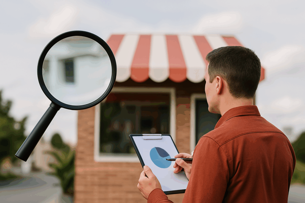Profissional analisando fachada de ponto comercial com clipboard e lupa ampliando detalhes da loja.
