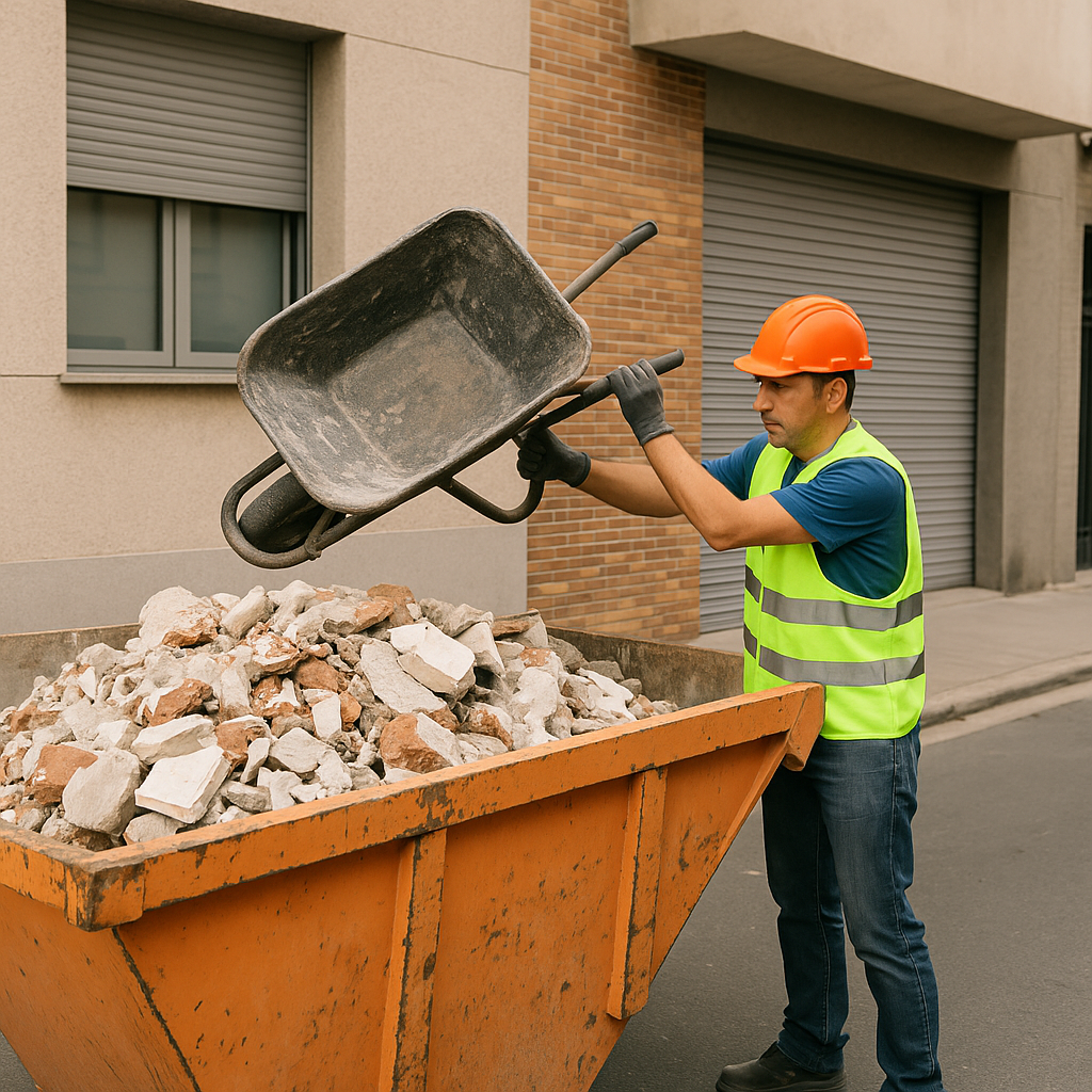 Trabalhador com capacete e colete de segurança despeja restos de construção em uma caçamba de entulho, em frente a um prédio comercial.