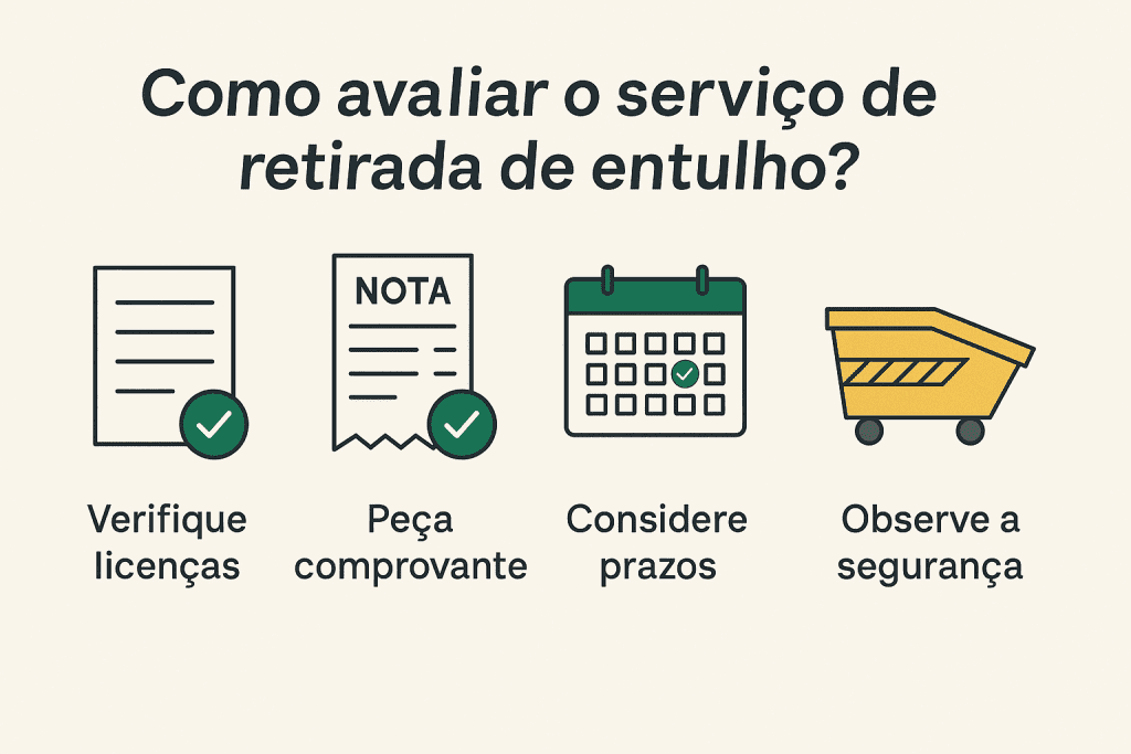 Infográfico ilustrado com quatro ícones que explicam como avaliar o serviço de retirada de entulho, destacando verificação de licenças, solicitação de comprovante, cumprimento de prazos e observação da segurança.