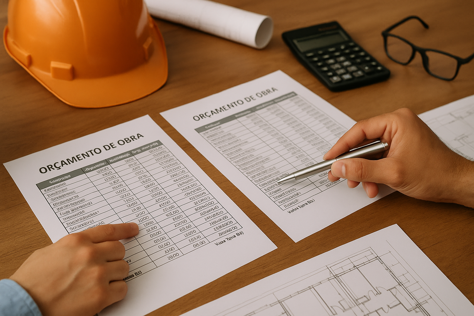 Profissionais revisando orçamentos de obra civil com planilhas, calculadora e capacete em mesa de escritório.