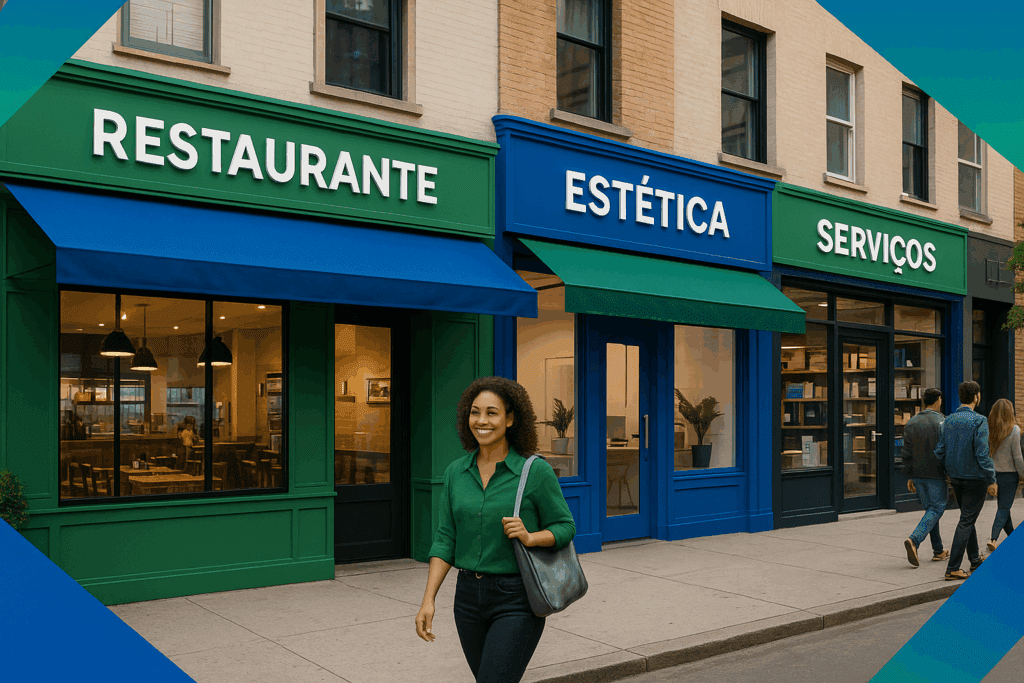 Fachadas de restaurante, clínica de estética e loja de serviços alinhadas lado a lado em rua urbana, com detalhes visuais em azul e verde no estilo Zinz.