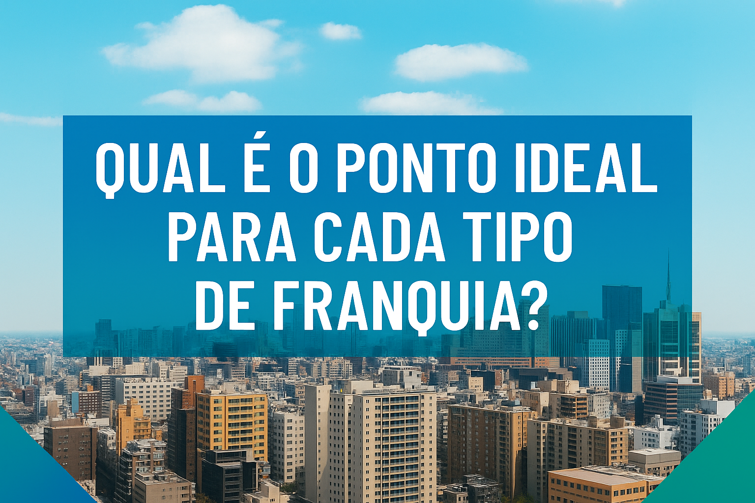 Capa com skyline urbano e o título “Qual é o ponto ideal para cada tipo de franquia?”, destacando a busca pelo melhor ponto comercial para o seu tipo de franquia.